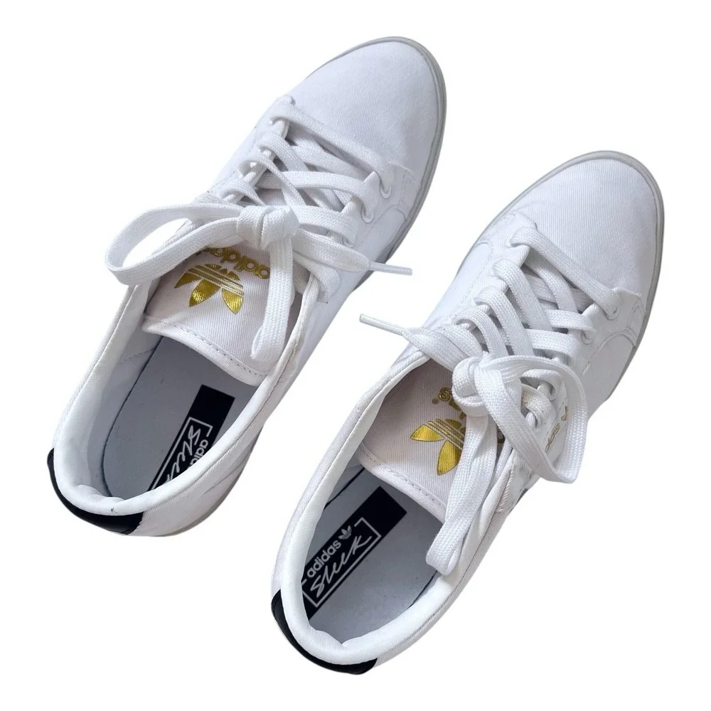 Adidas Sleek White Sneakers Rainbow and Gold Logo Canvas Shoes Womens 9M - Picture 2 of 7